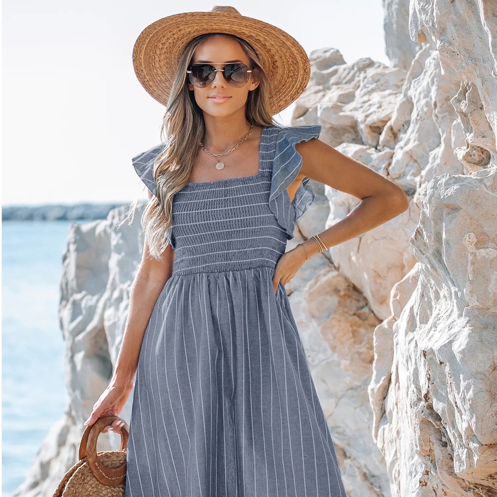 Blue Stripe Smocked Midi Dress Flutter Sleeve Square Neck Cottagecore Size L